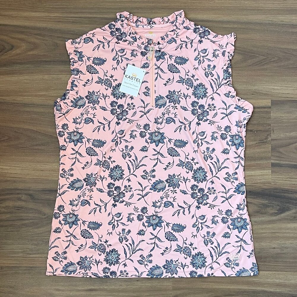 Kastel Denmark - Ruffle Quarter Zip Tank Top - Peach Floral -  Large